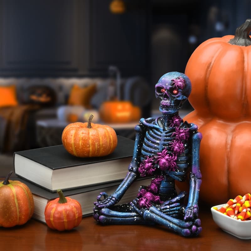 National Tree Company Halloween Purple Galaxy Meditating Skeleton, LED Lights, 10 Inches - 10 in