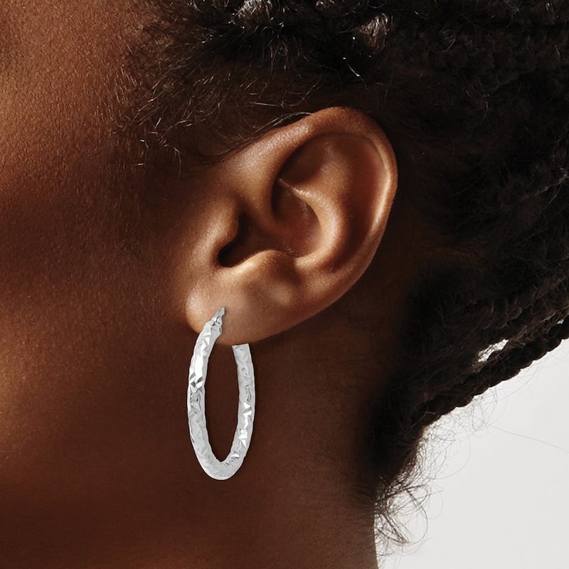 Curata 14k Foreverlite White Gold Hinged hoop Polished and Textured Earrings - 30x18.75mm Wide 3mm Thick