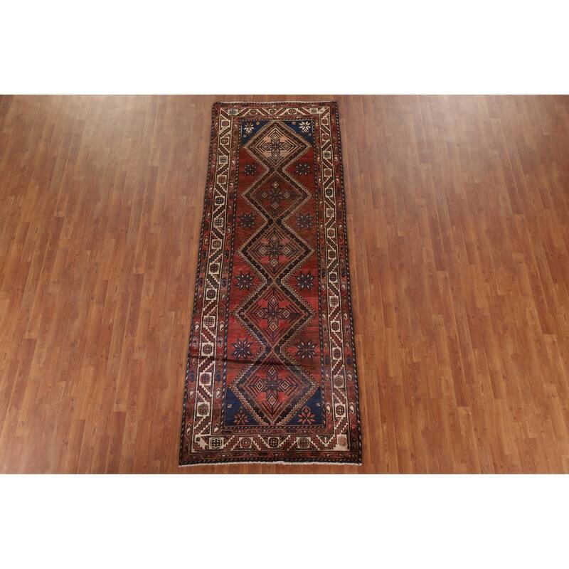 Hand Knotted Oriental 100% Wool Carpet Traditional Geometric Red Hamedan Runner Rug - 9' 10'' X 3' 8''