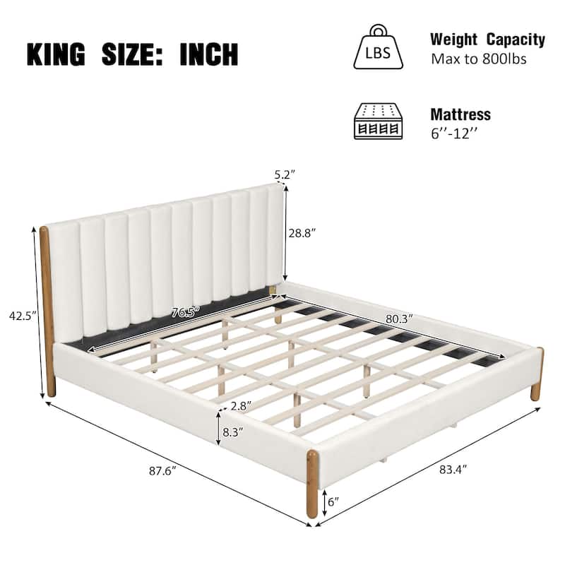 Queen/King Size Boucle Upholstered Platform Bed Frame with Solid Wood Legs and Padded Headboard, White