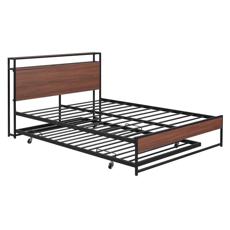 Full/Queen Metal Bed Frame with Trundle, USB Charging Ports, and Slat Support, Modern Design, No Box Spring Required