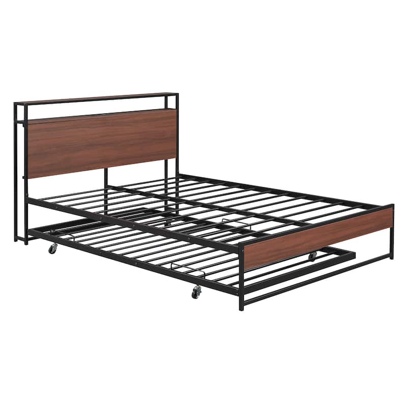 Metal Bed Frame Platform Bed with Storage Headboard, Pull-Out Trundle Bed, USB Ports, Metal Slat Support