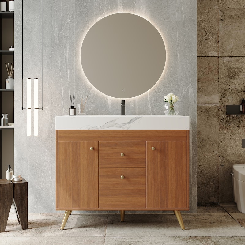 36" Modern Freestanding Bathroom Vanity with Sintered Stone Top & Ceramic Sink, Smart Storage Design & Drawers - Walnut+White