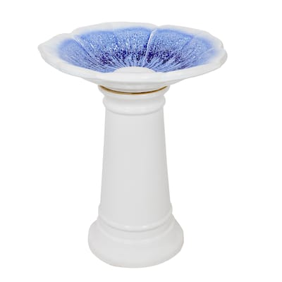 Sunnydaze Misty Blossom Glazed Ceramic Bird Bath – Blue/White - 23" H