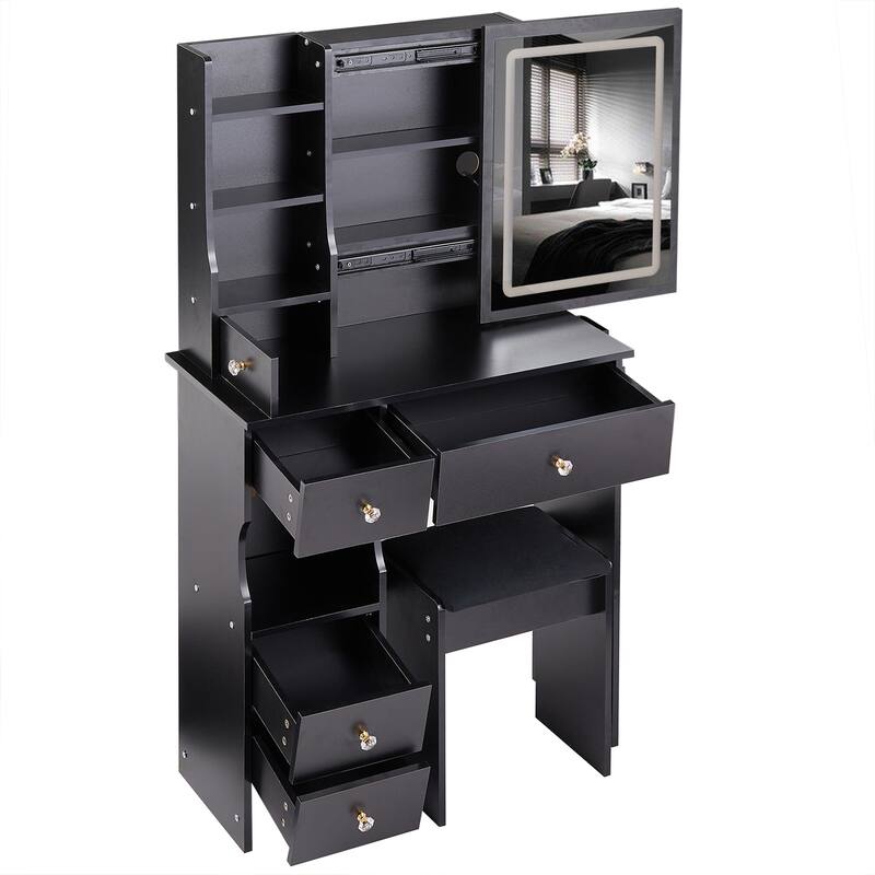 29.2" Small Size Left Drawer Desktop Vanity Table + Cushioned Stool, 2 AC+2 USB Power Station, Hair dryer bracket
