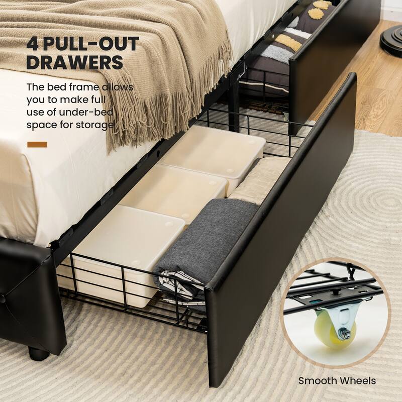 Costway Upholstered Platform Bed w/ 4 Drawers PU Leather Button Tufted