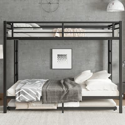 Black Metal Queen Over Queen Bunk Bed Frame with Trundle, 2 Side Ladders and Guardrails for Kids Teens