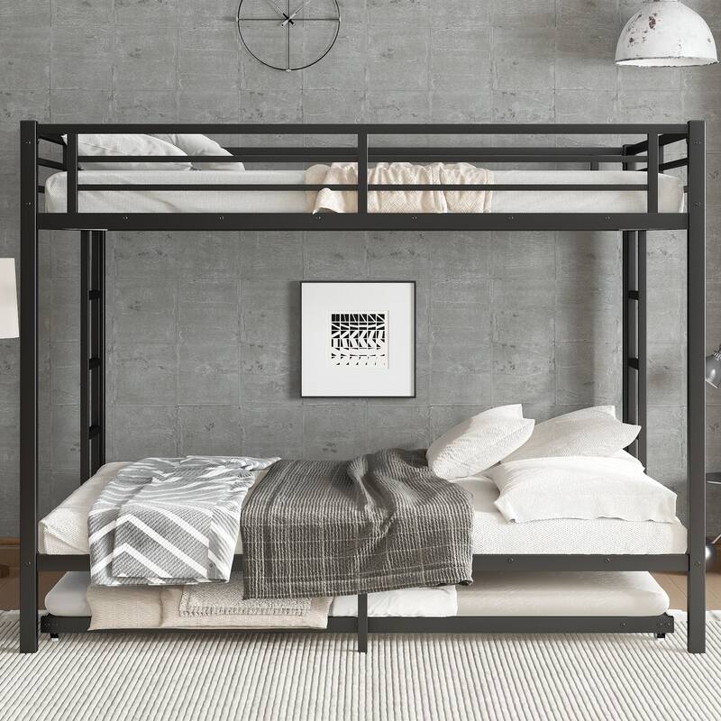 Metal Bunk Bed with Twin Size Trundle – Black Finish, Space-saving Design for Kids/Teens, Sturdy Frame, Easy Assembly