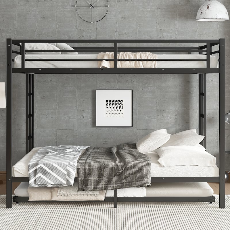 Queen-over-Queen Metal Bunk Bed with Twin Trundle