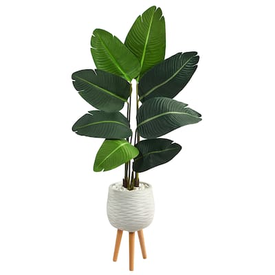 5' Travelers Palm Artificial Tree in White Planter with Stand - 19"
