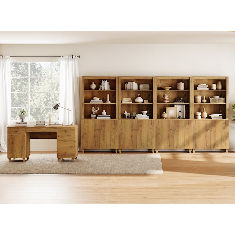 WAMPAT Home Office Furniture Set, 58" Executive Desk with Cabinet, 4-Column 71" Tall Bookcase with Doors and Adjustable Shelves