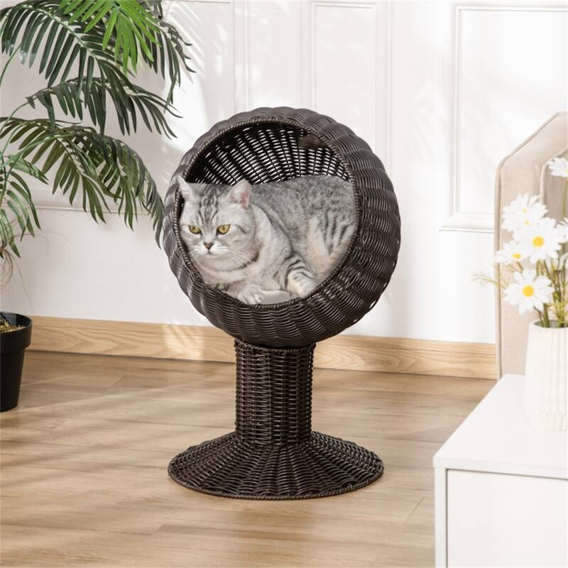 Elevated Kitty Hut with Rotating Plush Basket Cozy Hideaway for Small Cats Up to 10 lbs Coffee