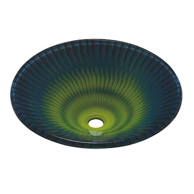 Tempered Glass Vessel Sink with Drain, Blue-Green Fan-Shape Bowl Sink Renovators Supply