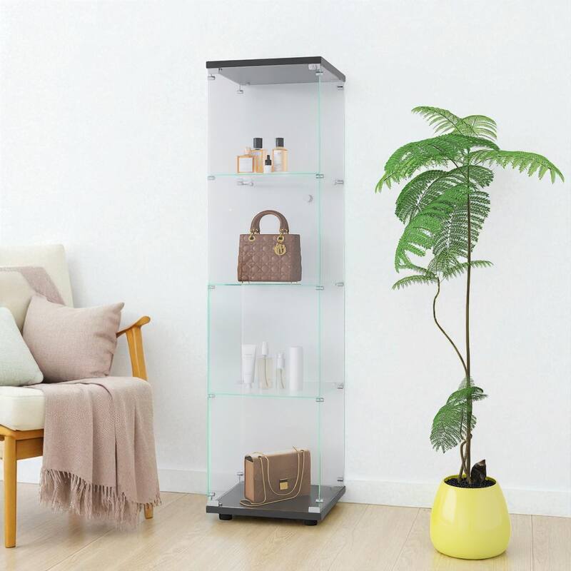 Glass Display Cabinet with 4 Shelves and Door, Floor Standing Curio Bookshelf for Office or Bedroom