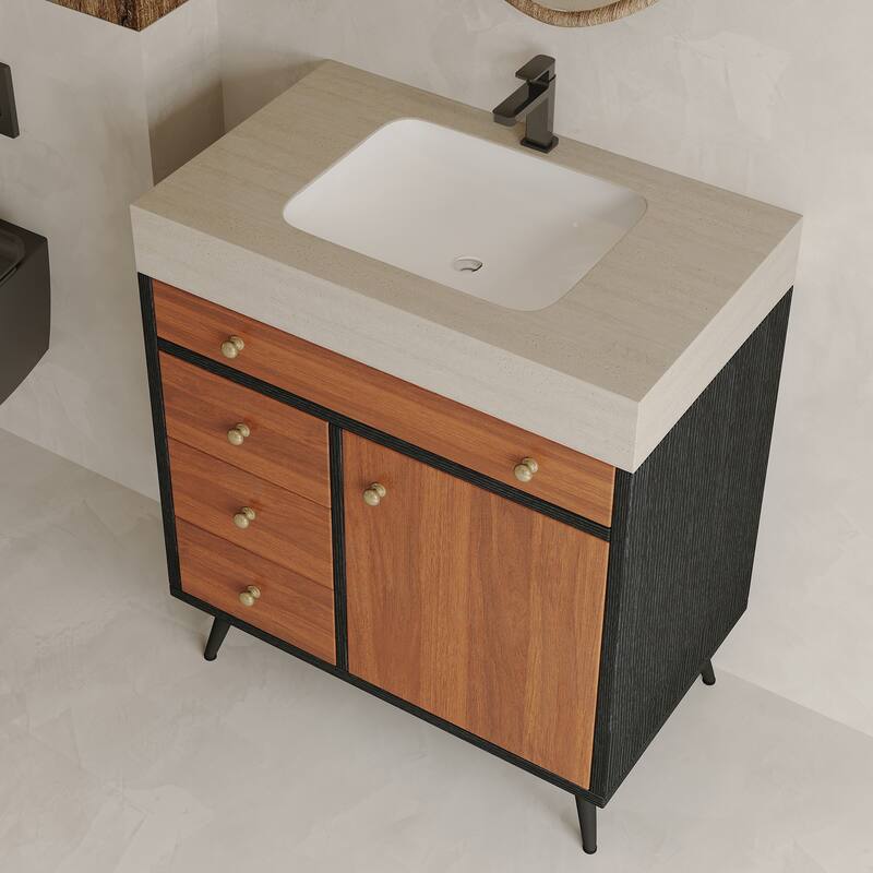 29.9" Modern Free-Standing Bathroom Vanity - Ceramic Sink & Sintered Stone Top Cabinet