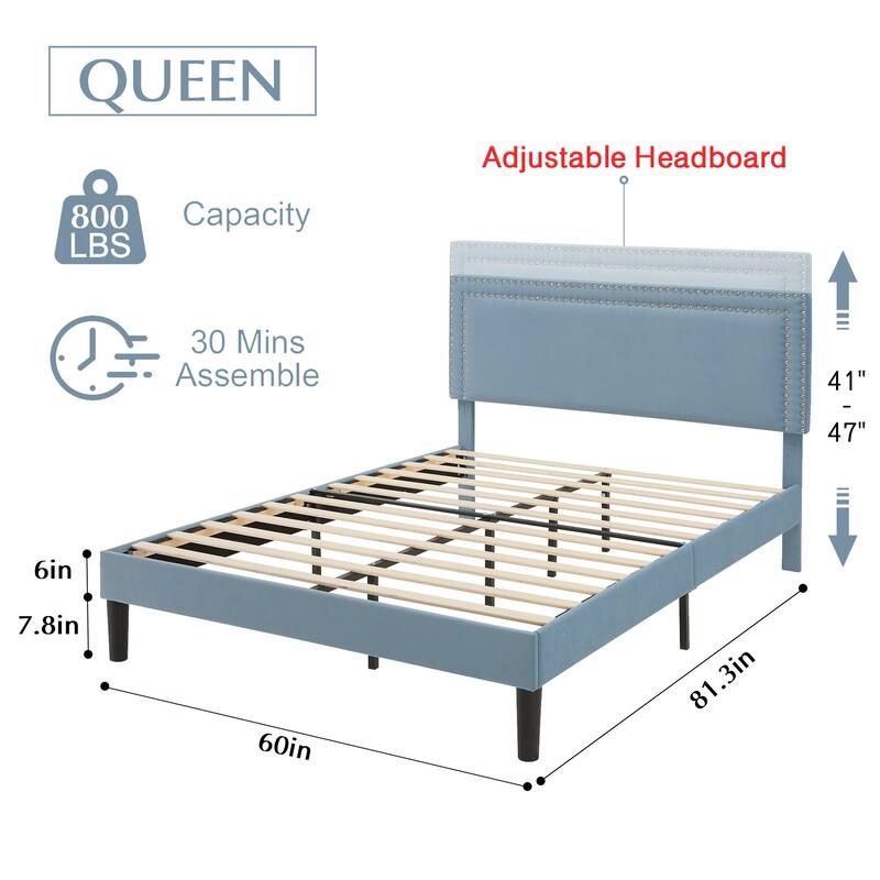 VECELO Upholstered Bed Frames with Height Adjustable Headboard