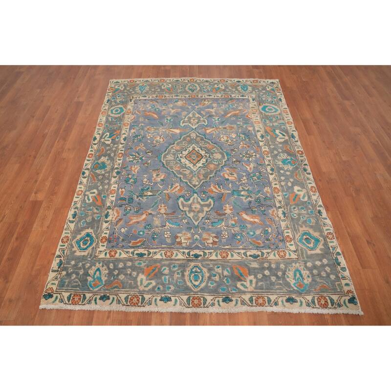 Hand Knotted Oriental 100% Wool Carpet Traditional Floral Navy Blue & Blues Tabriz Area Rug - 6' 4'' X 4' 8''