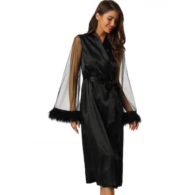 Women's Satin Robe Feather Trim Bridesmaid Bathrobe Mesh Long Sleeve Bridal Party Sleepwear