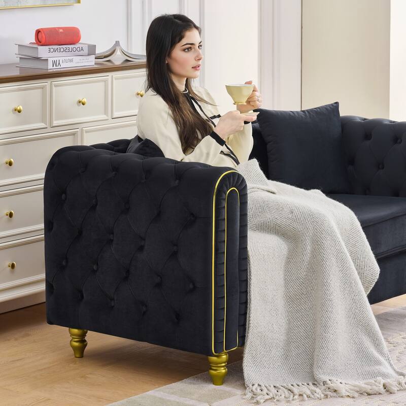 Roomfitters 86" Modern Upholstered Chesterfield Tuxedo Sofa with Gold Trim, Button Back 3-Seater Couch for Living Room