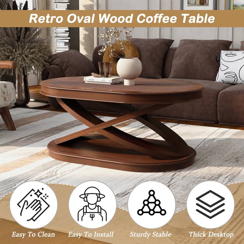 Oval Coffee Table & Round End Tables Set of 3, Retro Wood Table Sets with X-shaped Structure Base and Non-slip Foot Pads