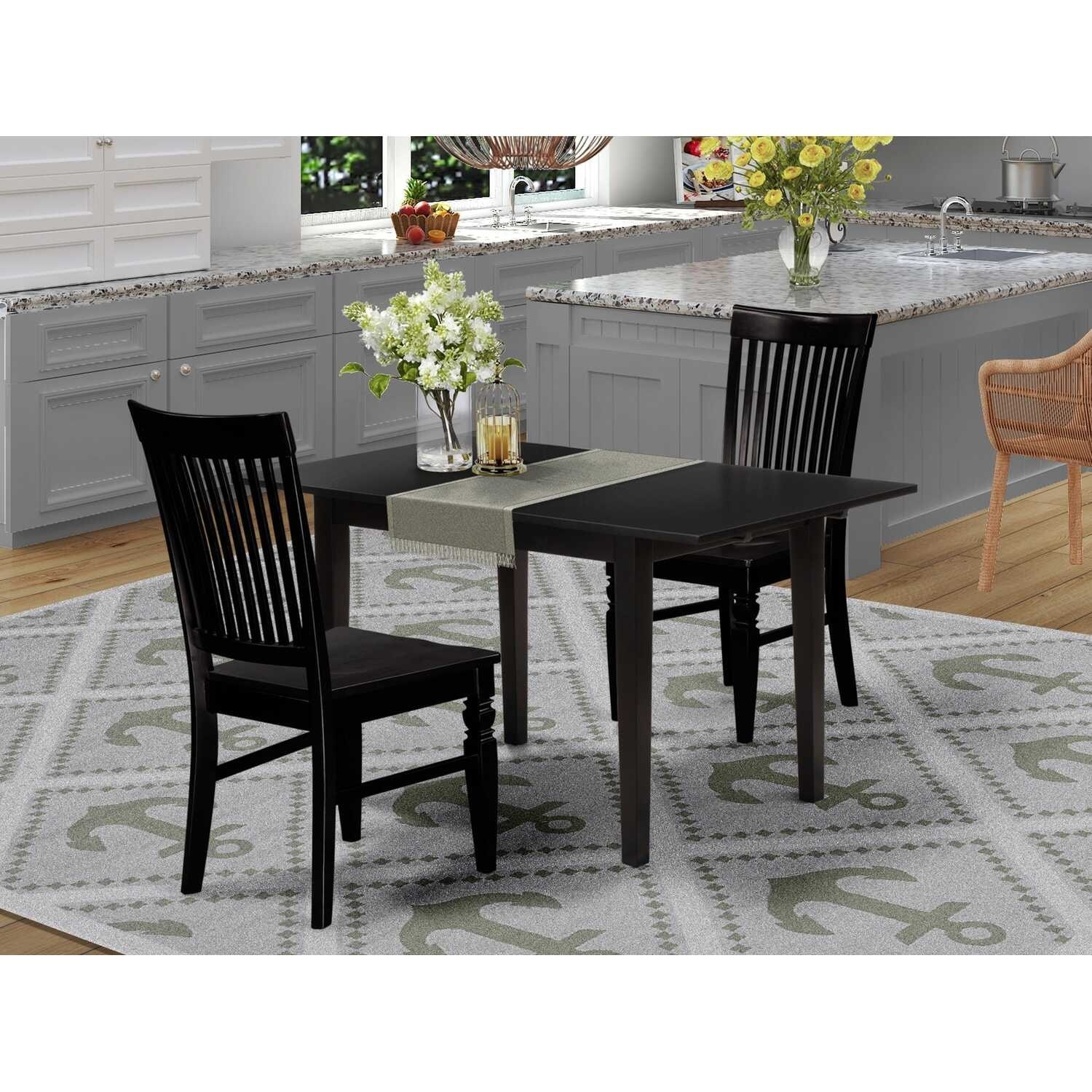 HomeStock 3-Pc Black Finish Rectangular Solid Wood Top With Butterfly Leaf Dining Table Set