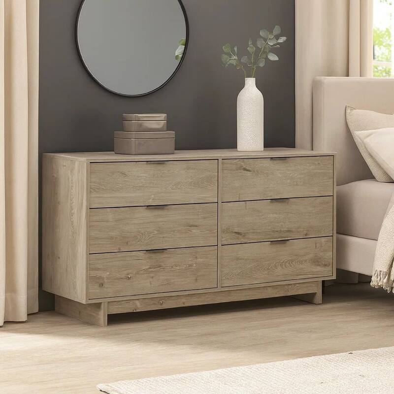 Fervor 59 Inch Dresser, 6 Drawers, Brown Wood Frame, Brushed Nickel Handles