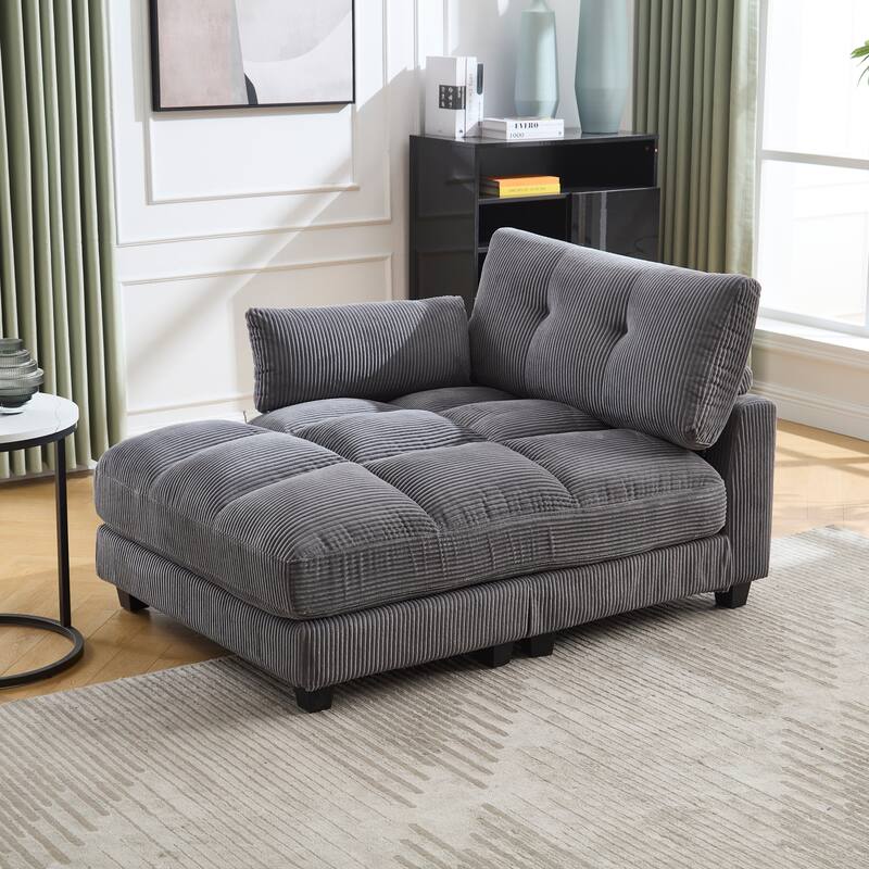 Oversized Corduroy Upholstered Single Chaise Lounge Sofa Couch Switchable Armrest with Cup Holders, USB Ports and Pockets