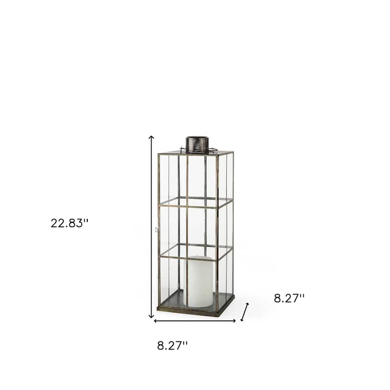 23" Gold Distressed Geometric Metal And Glass Tabletop Lantern Candle Holder
