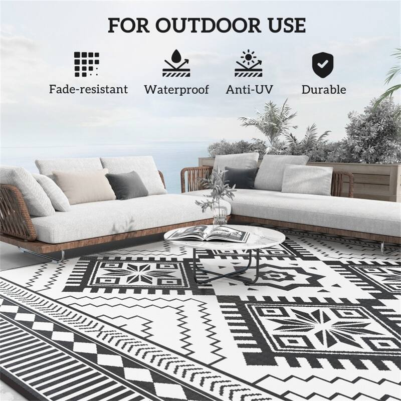 Reversible Outdoor Rug White & Black Toothed Rhombus Pattern, UV-Protected Foldable Polypropylene Mat - 143.7" L x 107.9" W