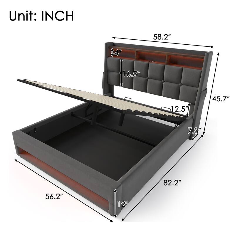Grey Full Size Upholstered Platform Bed with Hydraulic Storage System, LED and USB Charging