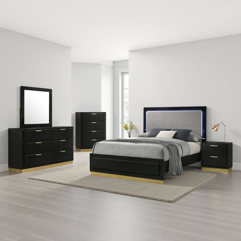 Caer 5pc Queen Bedroom Set in Black, Gold Accents, Gray Upholstery