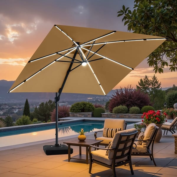 brown square patio umbrella with lights Patiokingdom Outdoor LED, Solar Umbrella w/Tilt Market Umbrella Beige / 9FT Our 9 x 12 FT patio umbrella is the perfect answer for a bright and sunny day or your night Crestlive Products 11 ft. x