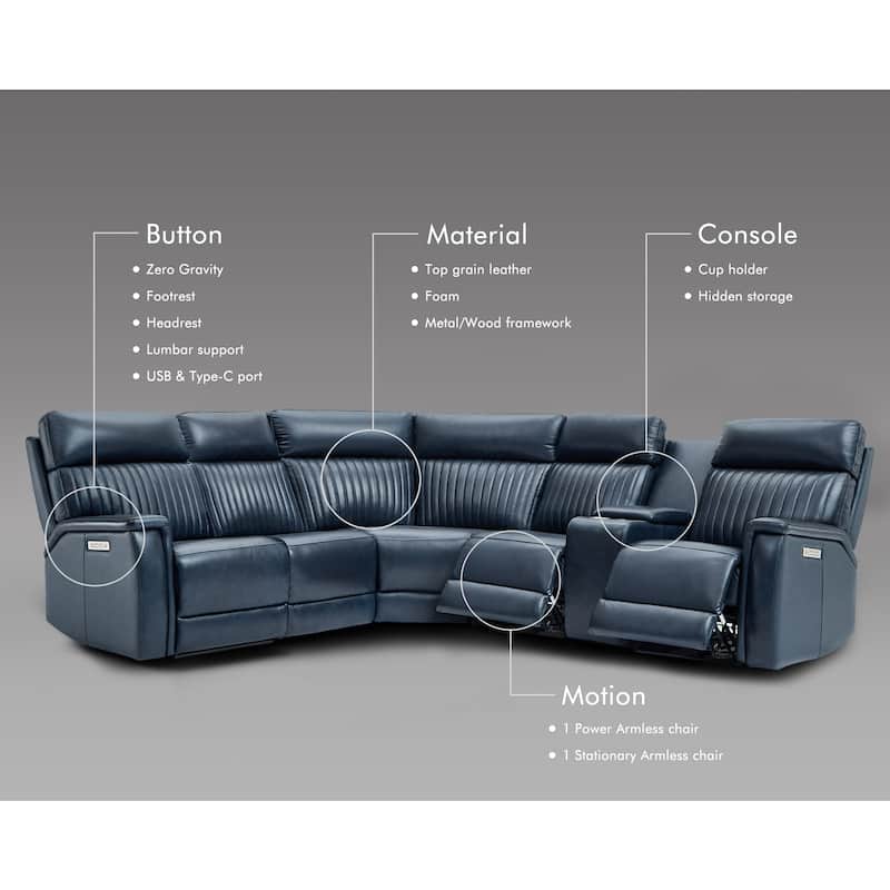 7PCS, 3 Power Recliners, Leather Reclining Sectional with Zero Gravity, USB Port & USB-C Port