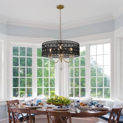 4-Light Elegant Black Lace - Trimmed Crystal Chandelier with Gold - Tone Hardware for Home Decoration - Matte Black