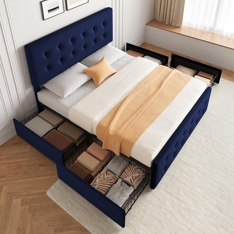 Bed Frame with Adjustable Headboard and 4 Storage Drawers - Blue1 - Queen