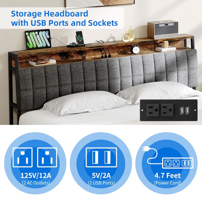 Upholstered Platform Bed with Charging Station and Storage Headboard