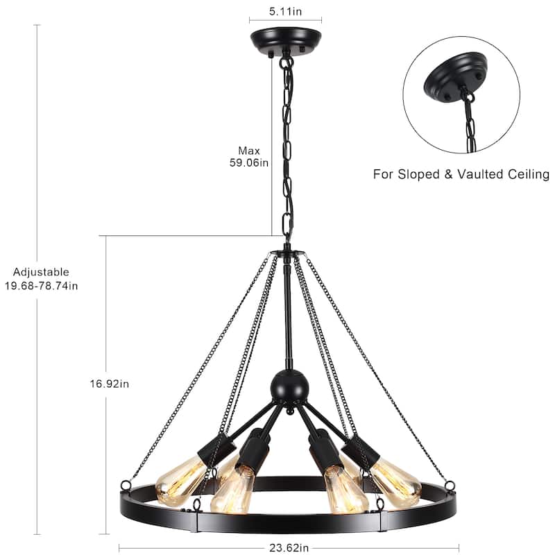 6-Light Modern Wagon Wheel Chandelier with Adjustable Chain for Study Foyer Kitchen Island