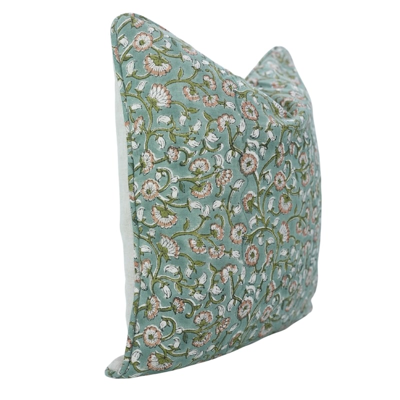 Fabdivine Handmade Floral Block Print Soft Pure Linen Fabric Pipine Pillow Cover Decorative Cushion Case - Pillow Covers - Himachal- Green, Brown - 14" x 14"