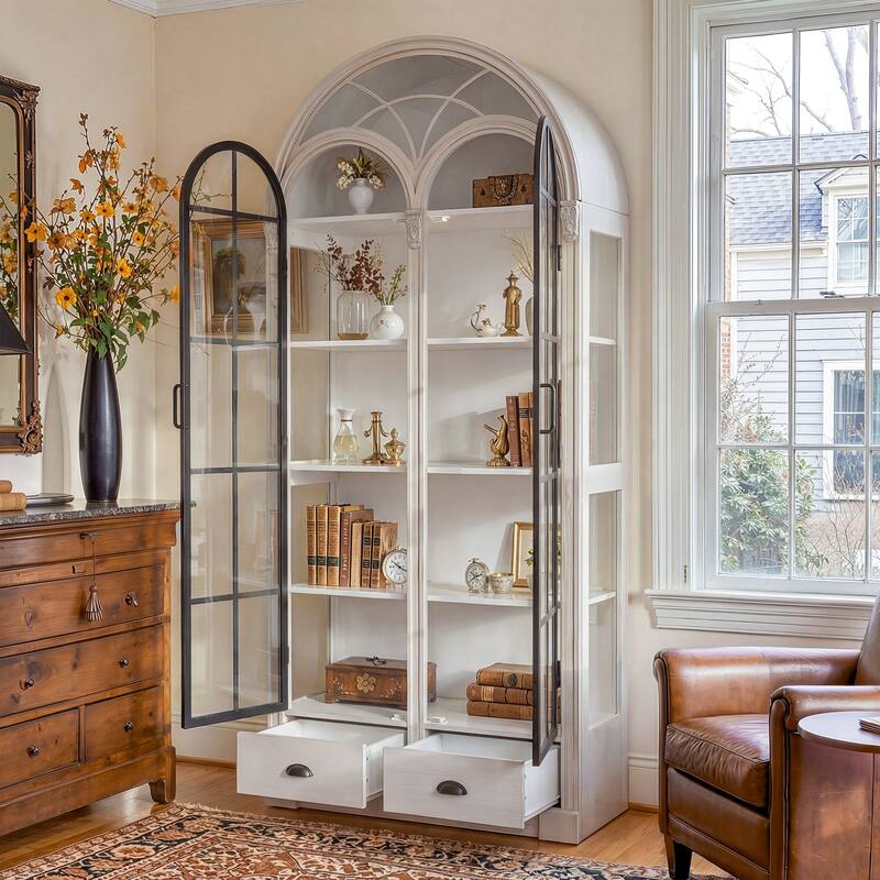 Arched Glass Door Display Cabinet with Iron Frame, Tall Curio Bookcase with Drawers, Farmhouse Storage Cabinet