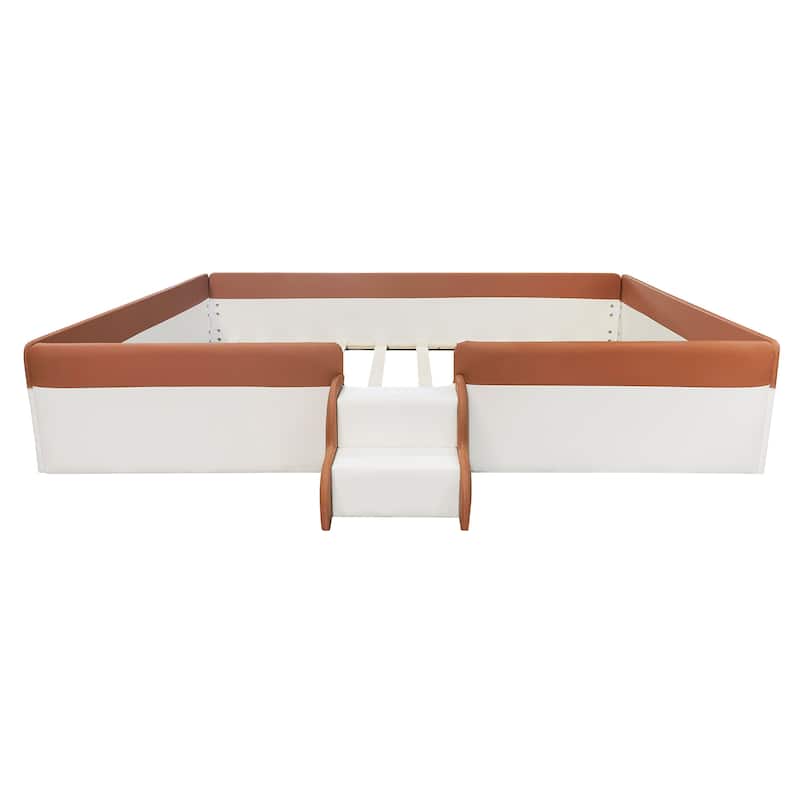 Full Size Upholstered Daybed Frame with Fence and Stairs,(BROWN+WHITE)