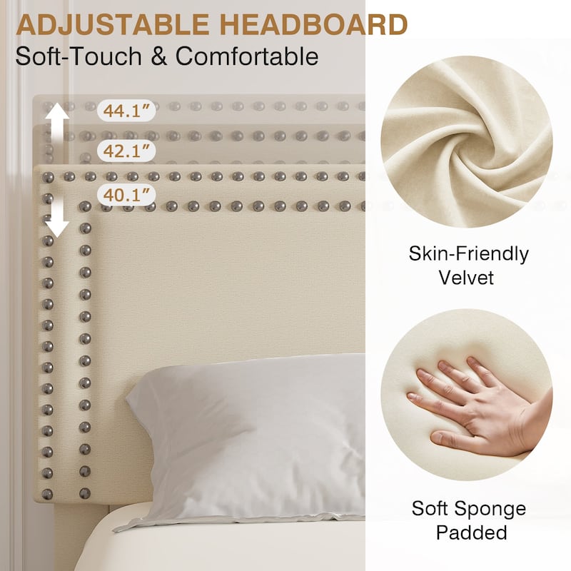 VECELO Upholstered Storage Bed Frames with 4 Storage Drawers Platform Bed Frame with Adjustable Velvet Rivets Headboard