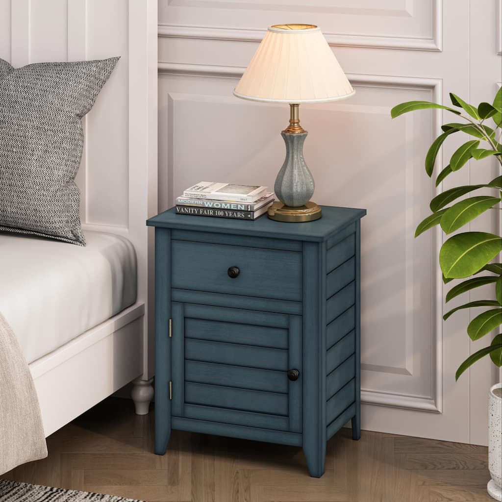 1-Drawer Nightstand with Closed Cabinet Antique Blue Finish Transitional Style
