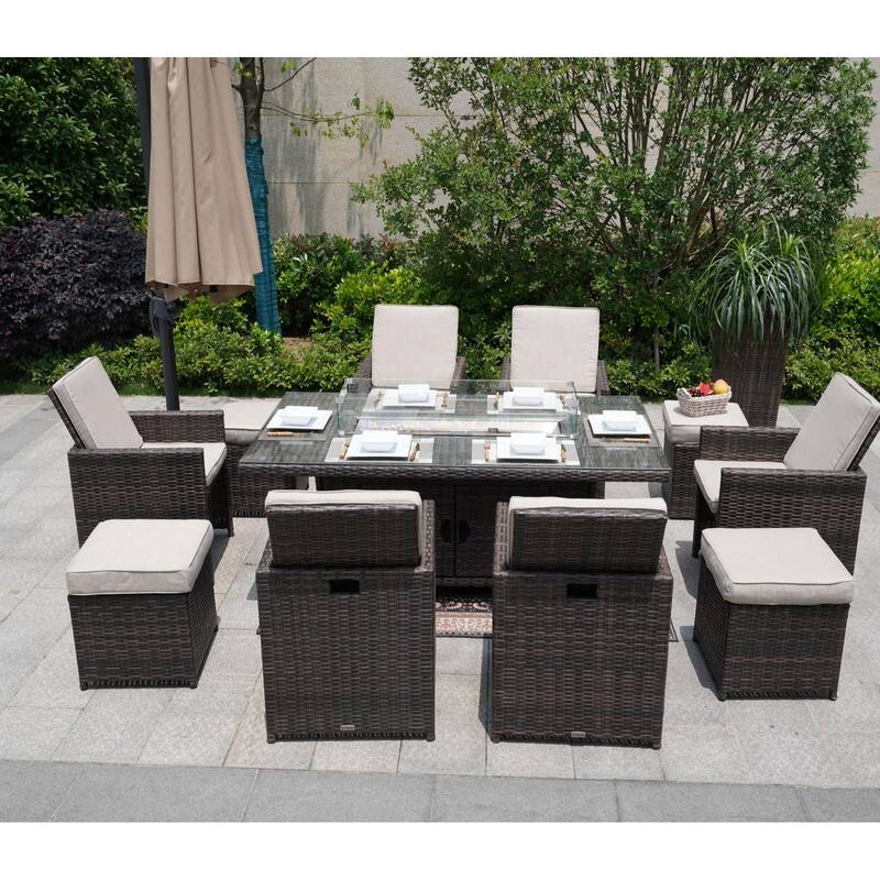 Luxury Style Dark Brown Wicker 11-Piece Outdoor Gas Fire Pit Dining Set - Brown