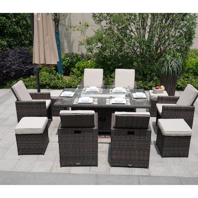 Luxury Style Dark Brown Wicker 11-Piece Outdoor Gas Fire Pit Dining Set