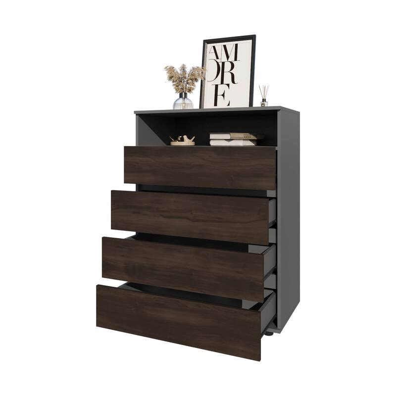 Tokio 4 Drawer Dresser with Open Shelf, Stained Walnut