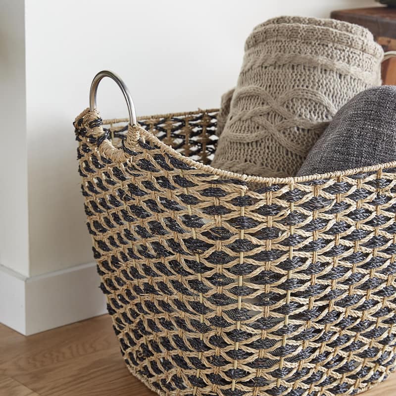 Seagrass Handmade Decorative and Functional Storage Basket with Metal Handles - Brown - Roche River Decor