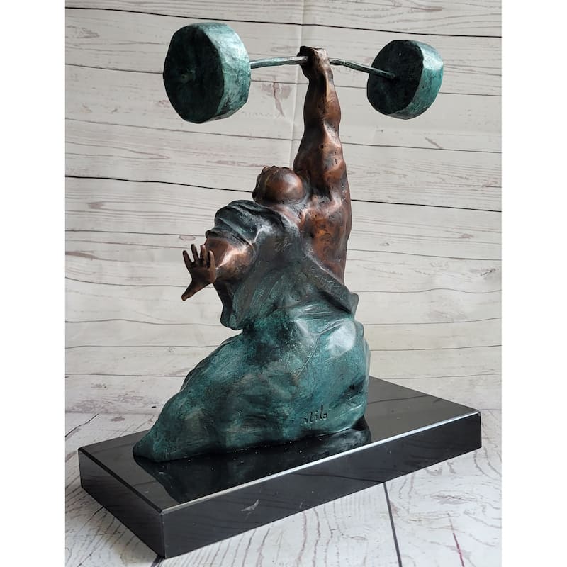 Powerlifter Weight Lifter Bodybuilder Bronze Statue Sculpture Figure On Marble Base Original Art
