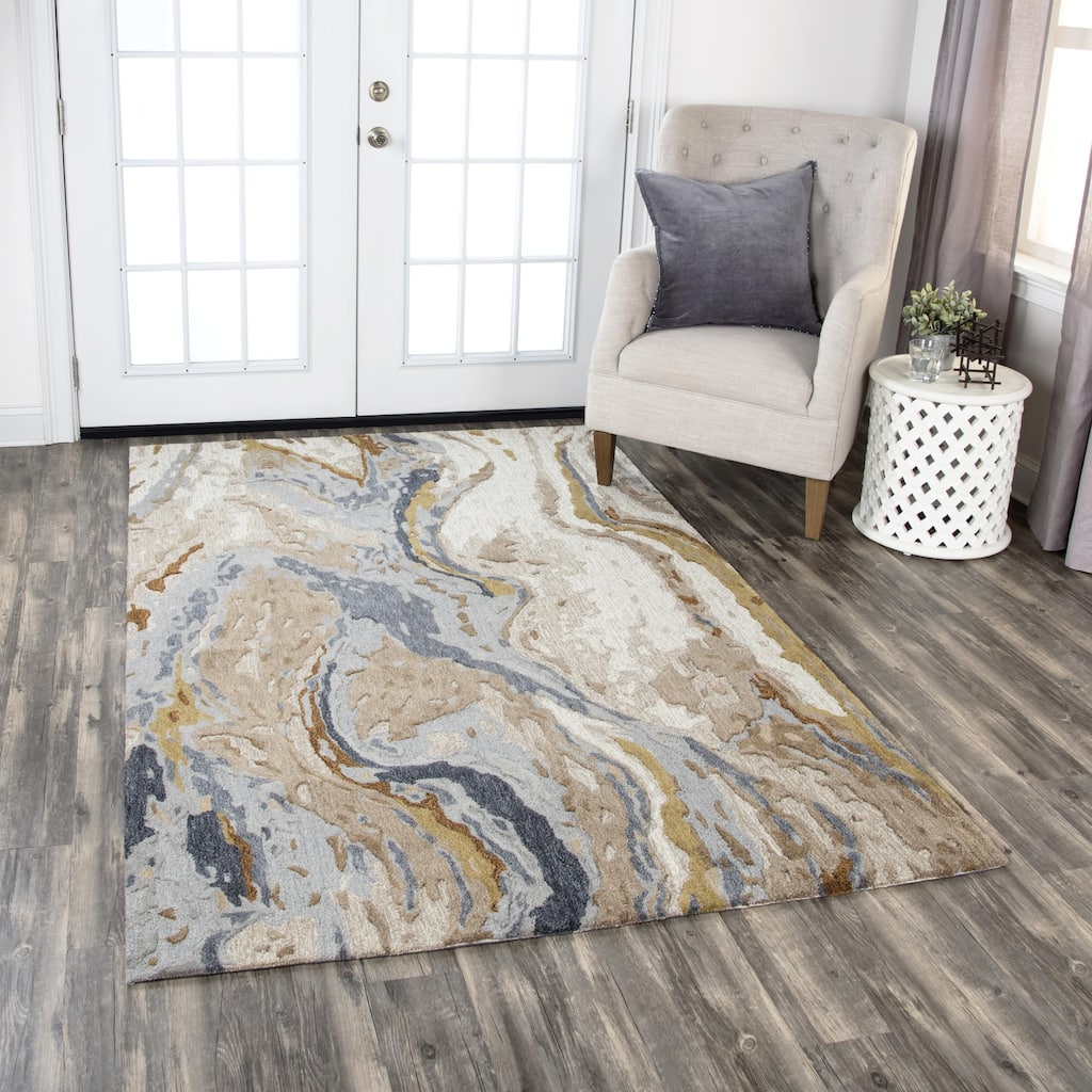 Alora Decor Flare Blue, Grey, Taupe, and Gold Hand-tufted Wool Rug