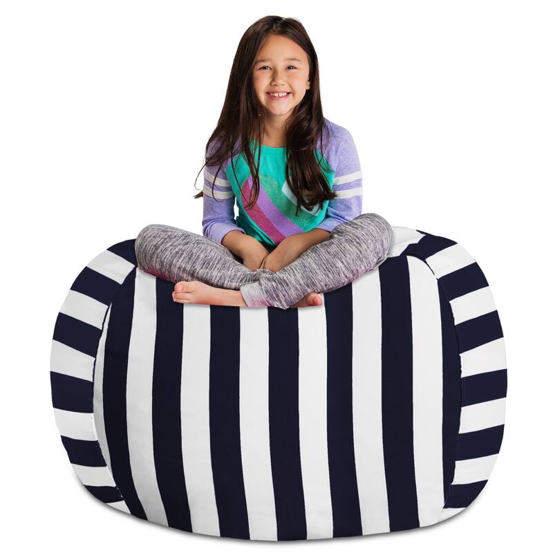 Kids' Stuffed Animal Storage Bean Bag Chair Cover or Toy Organizer - 48 Inches Extra Large - Canvas Stripes Blue and White