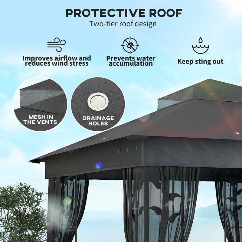 Dark Gray Deck Gazebo with Powder-Coated Metal Frame PA-Coated Polyester Roof Mesh Netting Double Roof